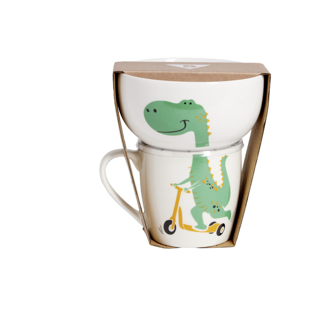 Ensemble bol et mug en porcelaine motif enfant motif dinosaure H15cm