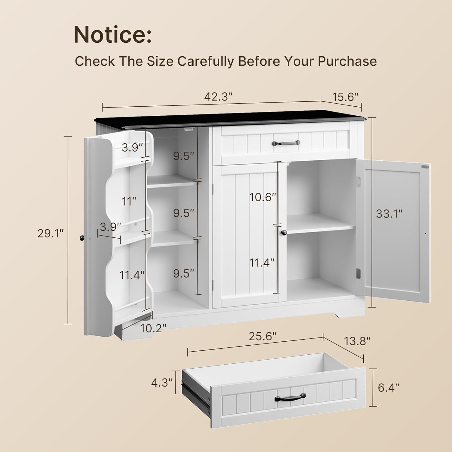 Gizoon Kitchen Coffee Bar Cabinet with Storage Kitchen Sideboard Buffet Cabinet with Drawers, Short Pantry with Door and Shelves for Bathroom and Living Room, White and Black