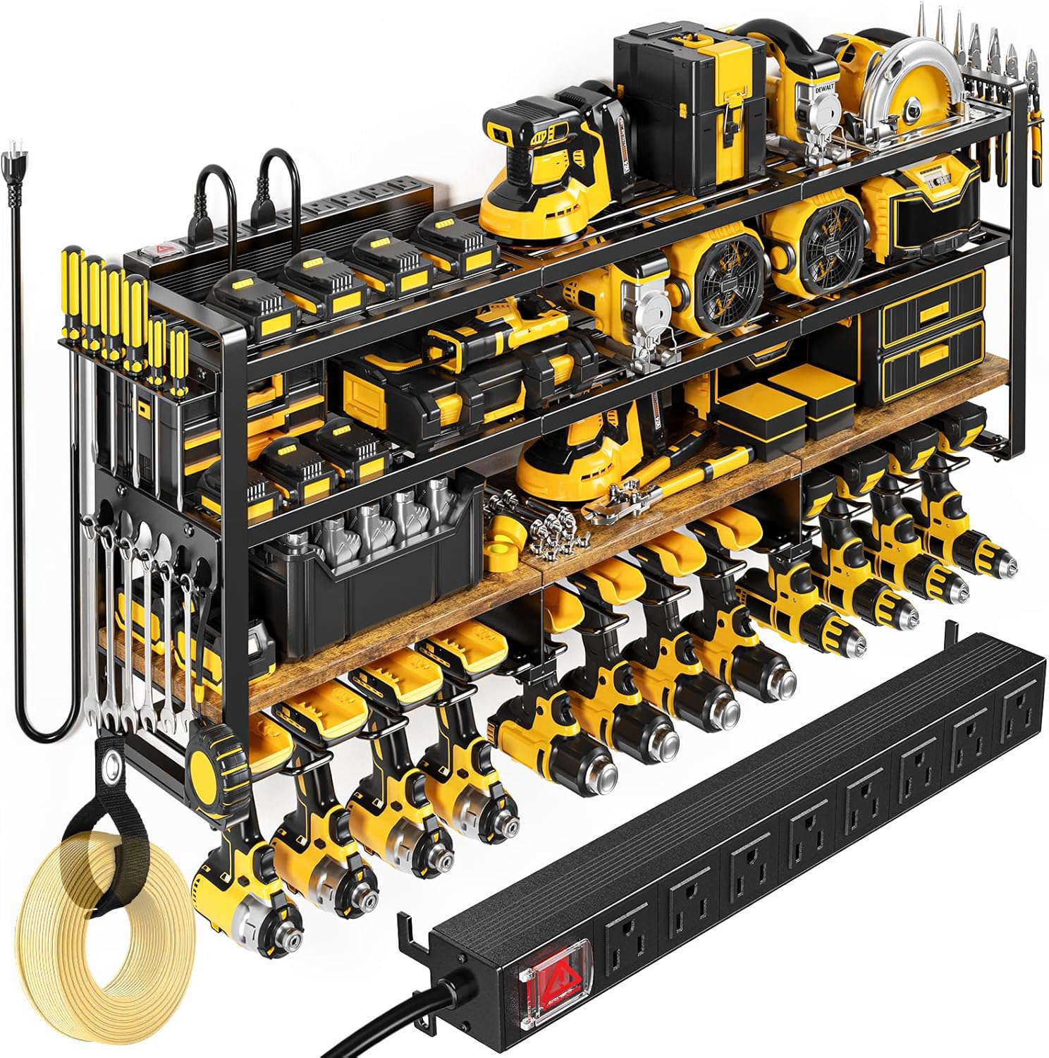 POKIPO 49.5 W Large Power Tool Organizer with Charging Station, 4 Layer Heavy Duty Utility Rack Loads 800lbs, Holds 12 Cordless Drills, Wall Mount Tool Shelf with 8-Outlet Power Strip, Gift for Men
