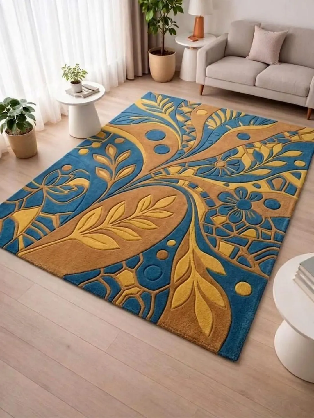 Rectangle Area Rug, Blue Gold Wool Carpet, Botanical Floor Mat, Hand Tufted Modern Decor, 5x8 8x10 Large Living Room Custom Size Available