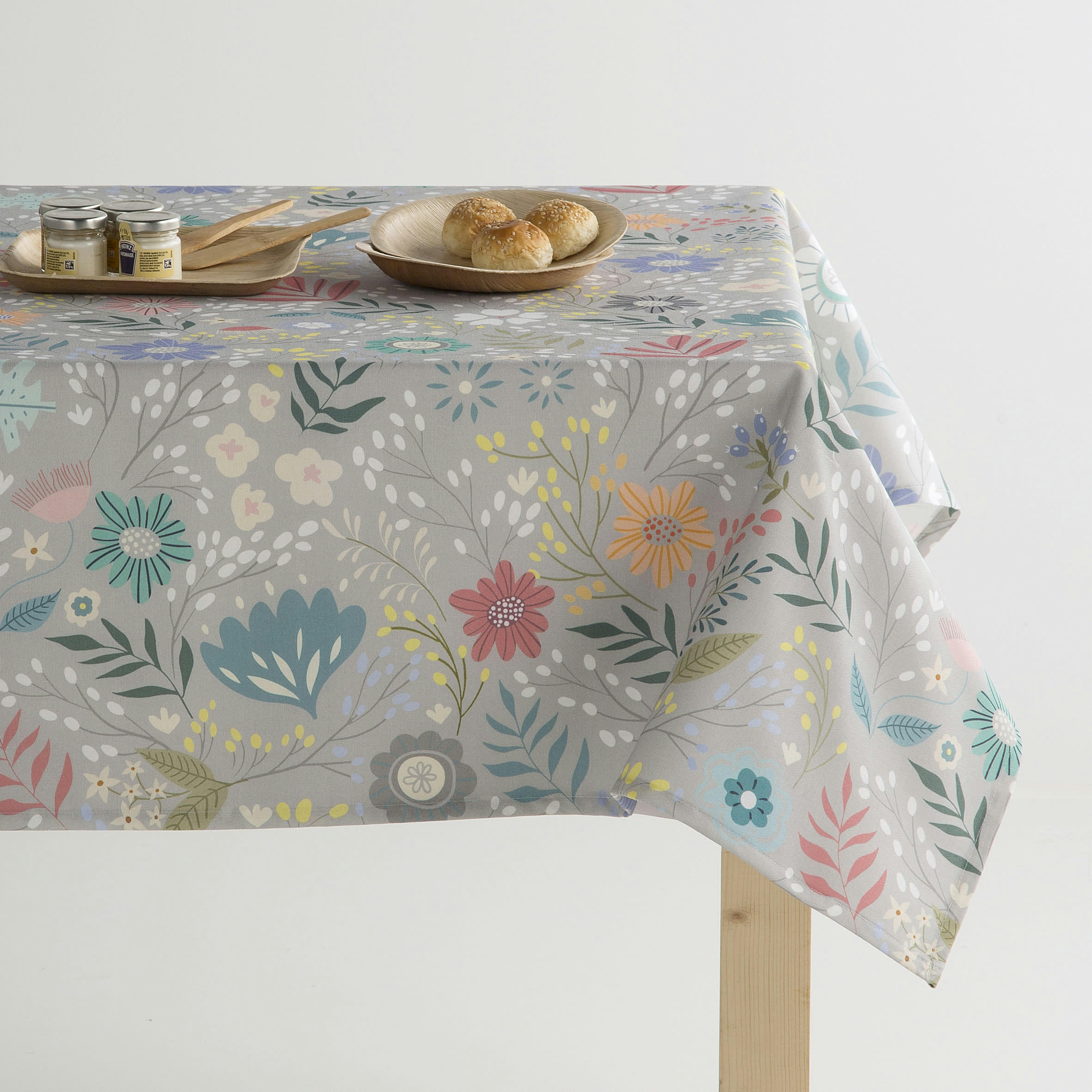 SHENZI GRIS - Nappe en coton biologique antitâche imprimée gris 140x240 cm