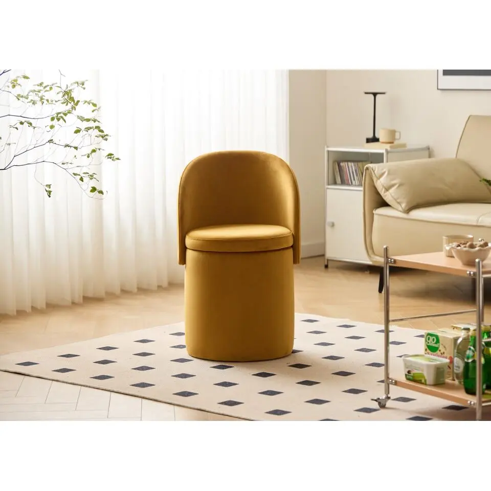 Poef met rugleuning en opbergruimte in geel fluweel.