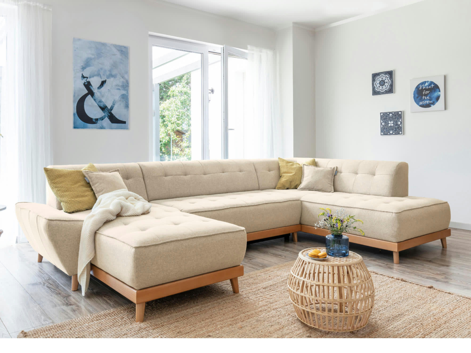 DAISY - Canapé panoramique 7 places angle droit en tissu beige