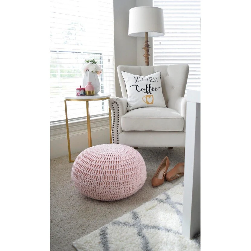 Lincove Pink Knitted Pouf Ottoman - 100% Cotton Braid Cord Floor Stuffed Ottoman