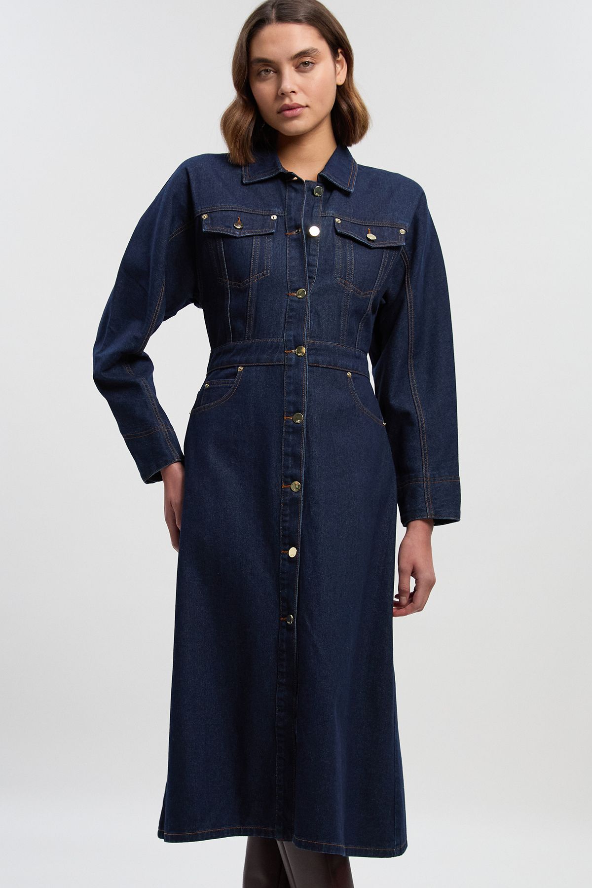 KarenMillen Denim Button Front Sleeved Shirt Dress
