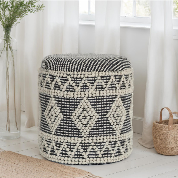 Szary-Beżowy Stołek z Wełny 40x45 cm Okrągły Boho Pojemnik Tapicerowany