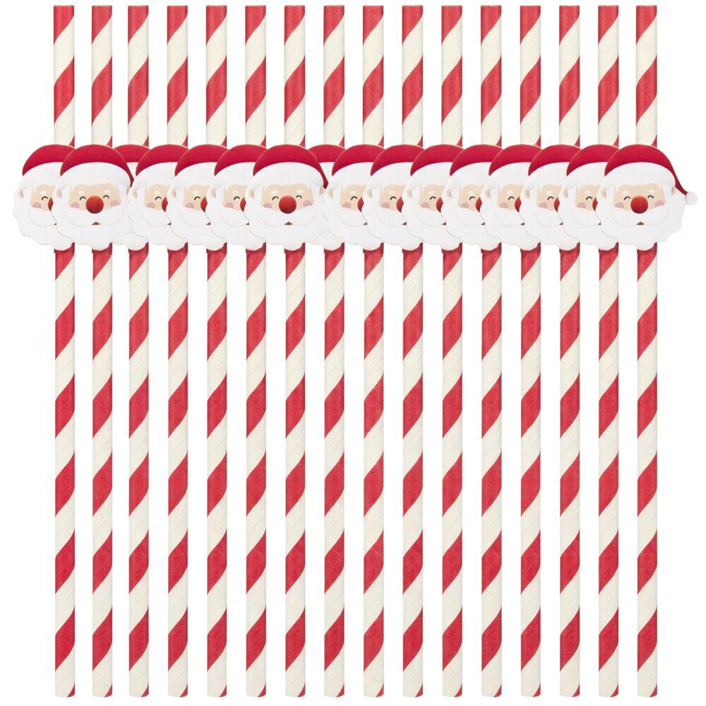 Paille papier X15 pcs rayé Père No&euml;l H25 cm rouge et blanc