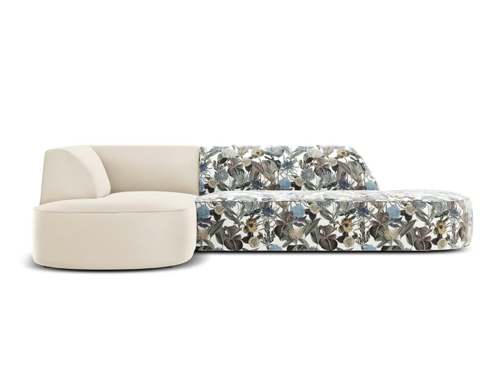 CHARLES - Canapé D'Angle Gauche 4 places en Velours Motif de Jardin Bleu Clair