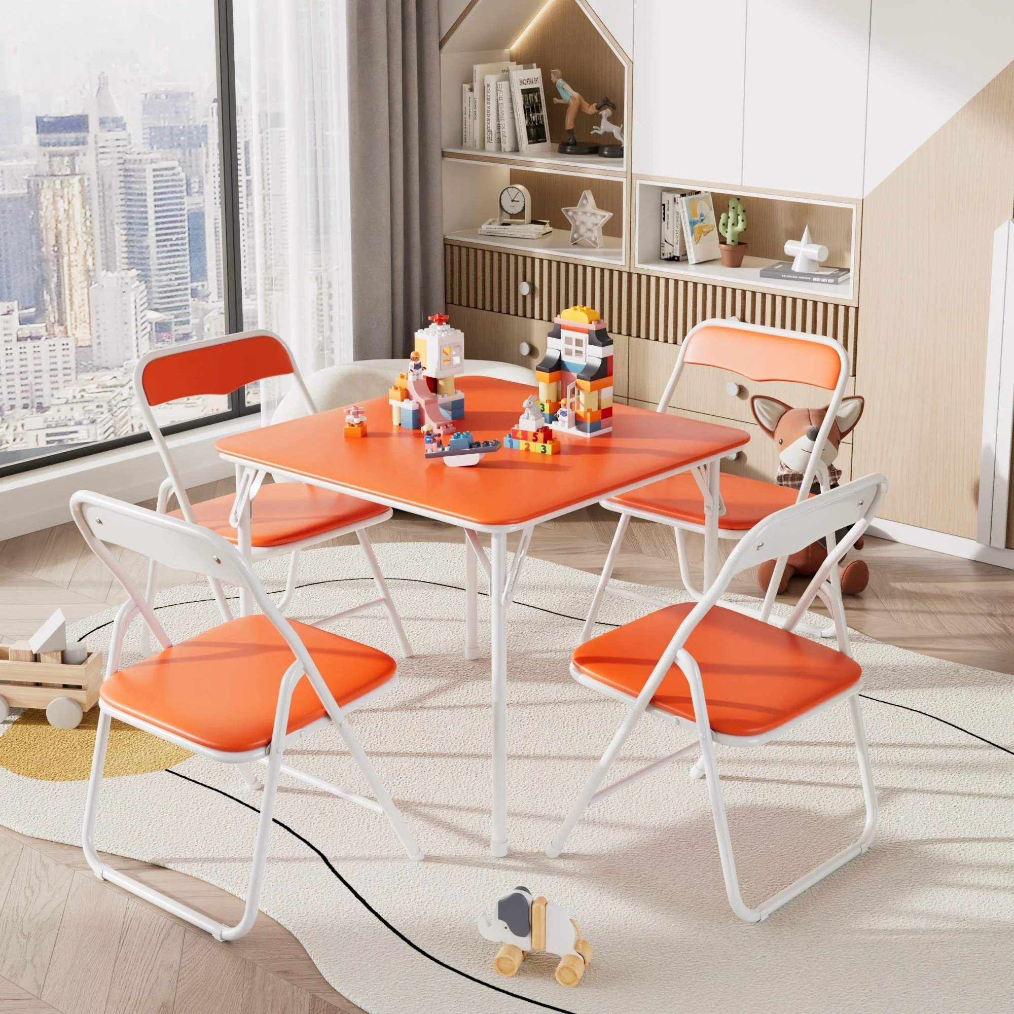 VECELO 5 Pcs Kids Folding Activity Table and Chairs Set, Portable, with Ultra Soft PU Padded Cushion, Matte Black