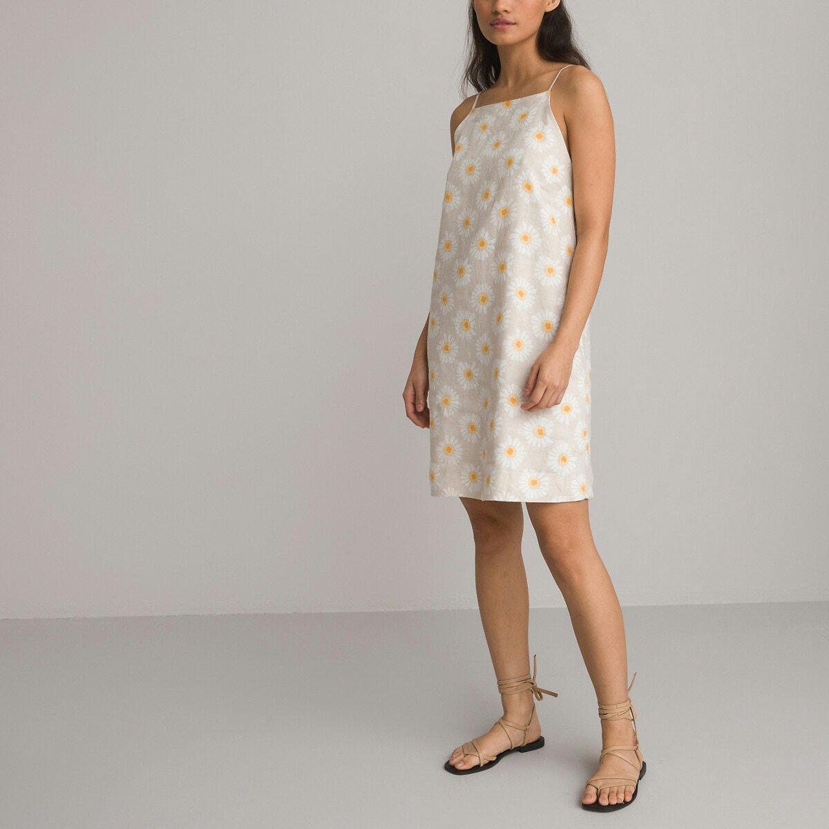 Robe courte, fines bretelles en lin imprimé floral