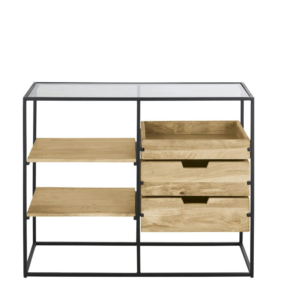 Leyton Business - Meuble de rangement professionnel en métal, verre et manguier massif L100