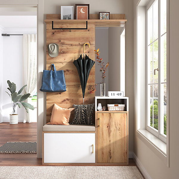 Armoire avec Miroir, Banc et Patère - Armoire à Chaussures - Panneau de Particules et MDF - 105x38,5x190,5 cm - Blanc et Bois