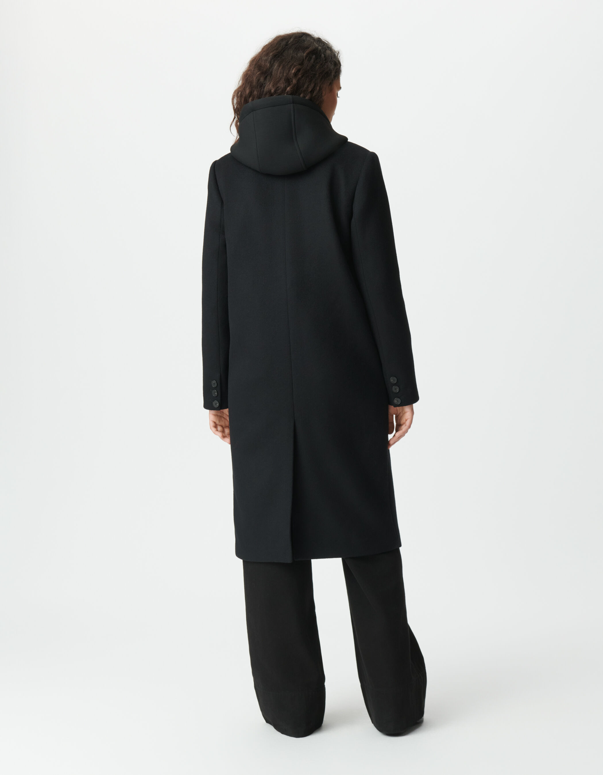 Manteau long noir parementure à capuche amovible Femme
