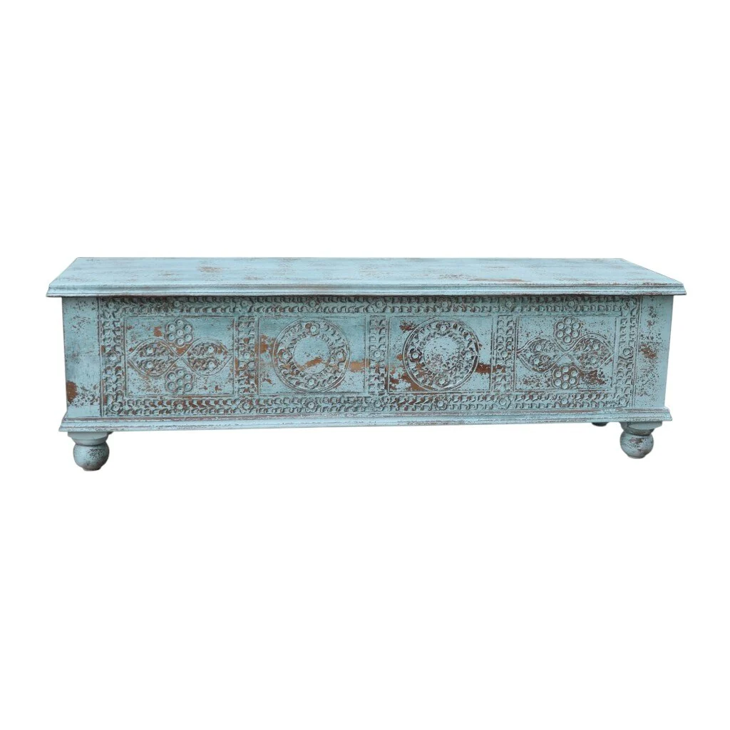 HomeRoots 54 Aqua Carved And Distressed Solid Wood Lift Top Coffee Table - 54 in. x 16 in. x 18 in.