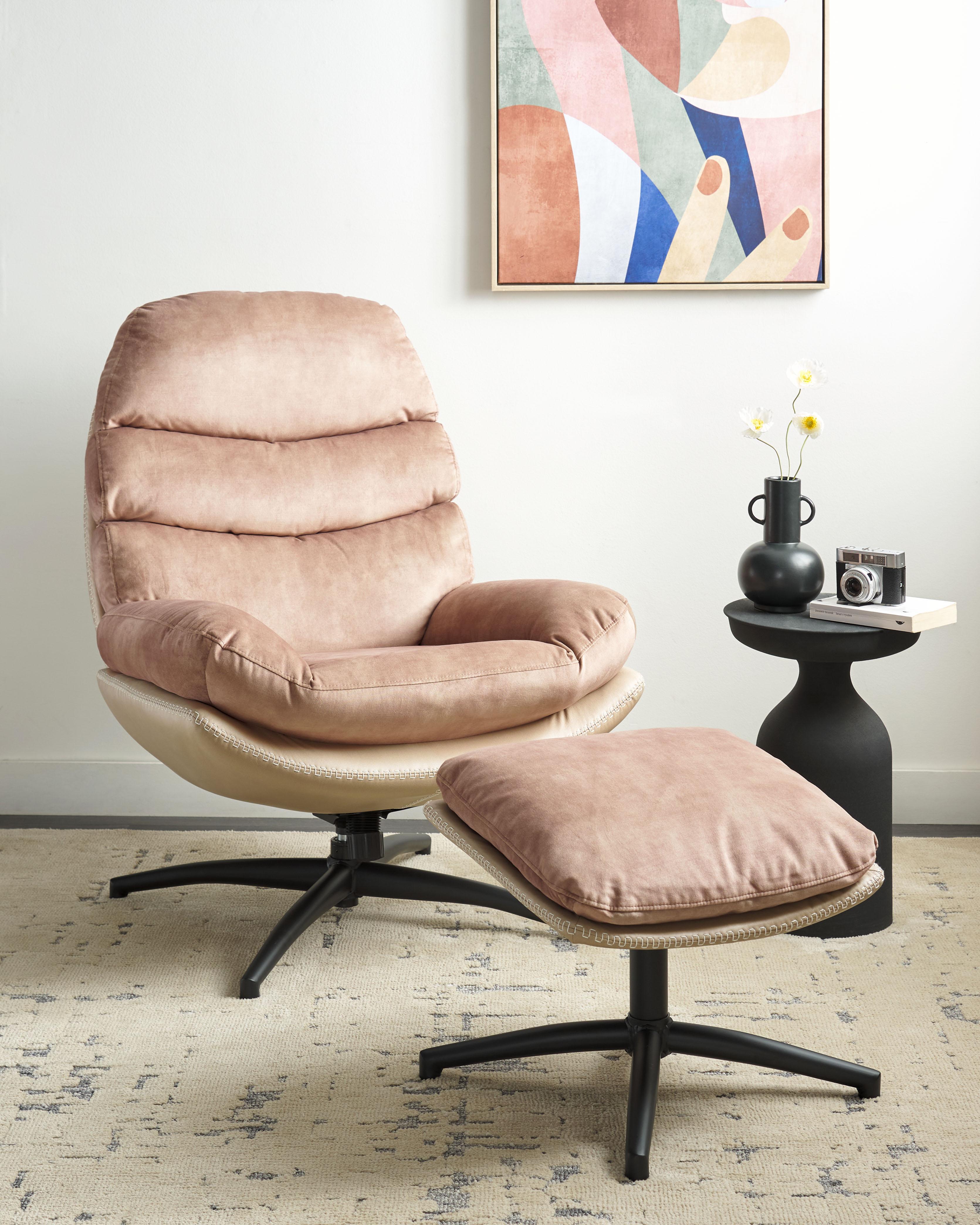 Swivel Armchair EIDE with Footstool Velvet Sand Beige