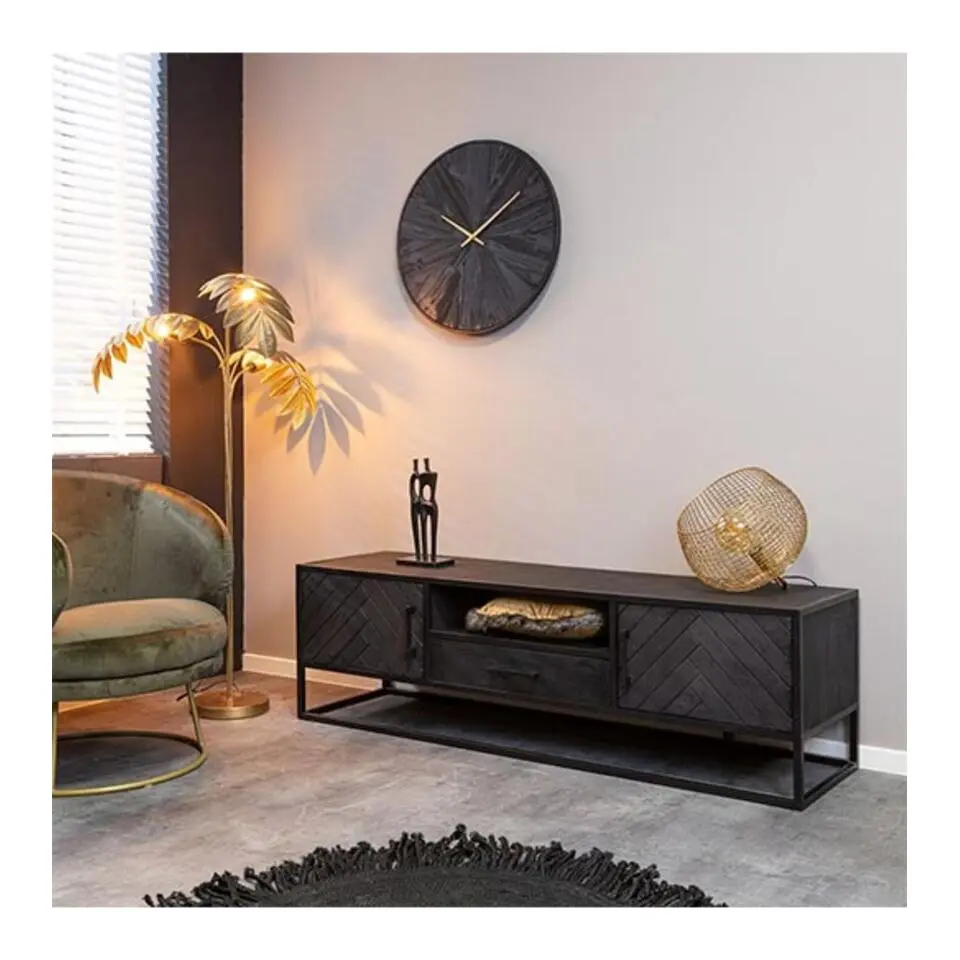 Furndea Scandi tv meubel industrieel visgraat zwart - 45x180x50 cm