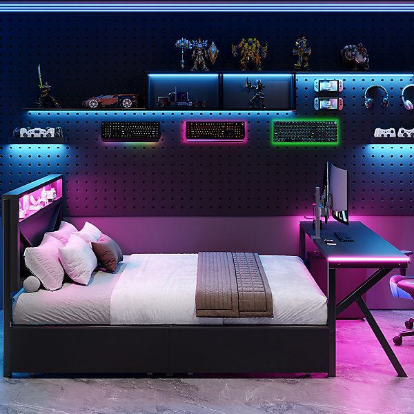 Lit double en métal 140x200cm - avec tête de lit LED - 2 tiroirs et bureau avec éclairage LED - Noir (Matelas non inclus)