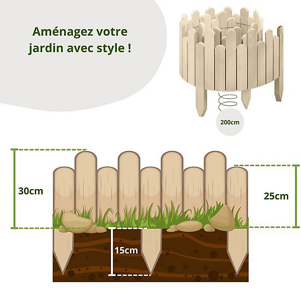 Bordure de Jardin en Bois Clôture d'Extérieur 200 cm x 30 cm Non Traitée Barrières de Jardin Piquets d'ancrage Bordure de Gazon