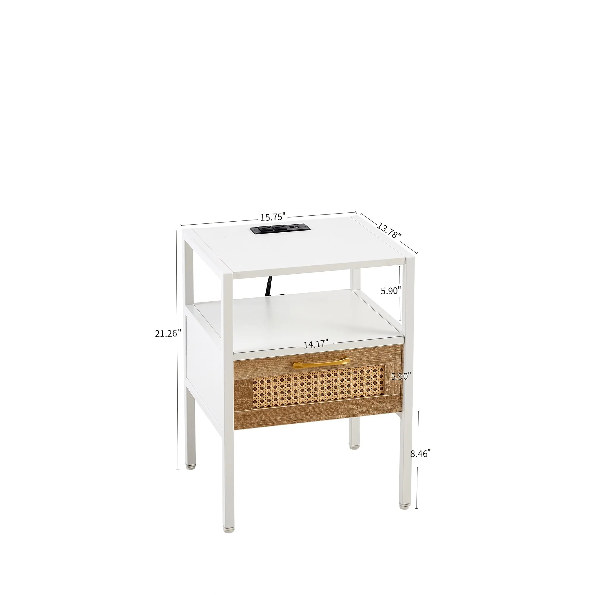 Rattan Nightstand With Power Outlet & Usb Ports With Drawer And Metal Legs
