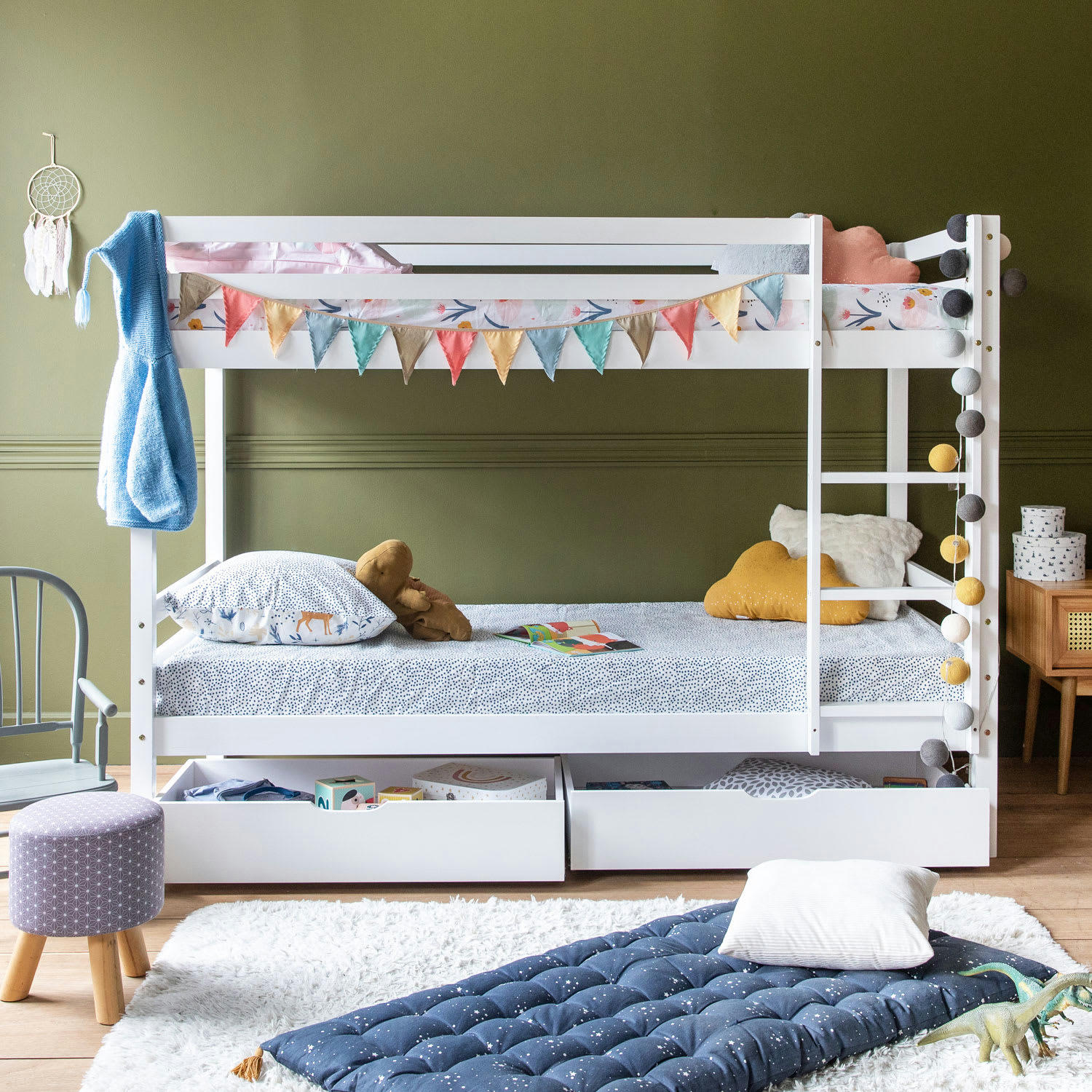 AMBRE - Lit superposé pour enfant avec tiroirs 190x90cm blanc