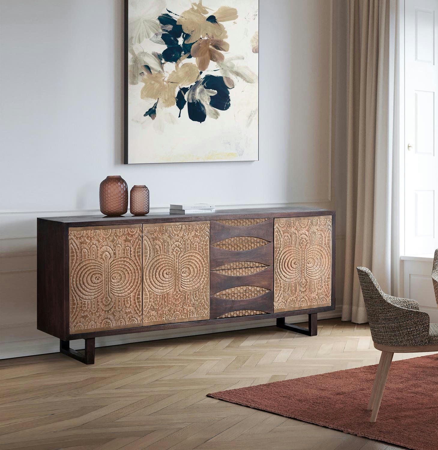 - Buffet en bois d'acacia et métal naturel, noir et blanc