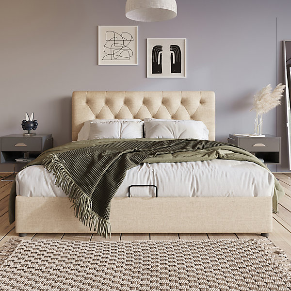 Lit 160x200 cm avec rangement hydraulique et tête de lit réglable, revêtement lin naturel et matelas 160x200 inclus