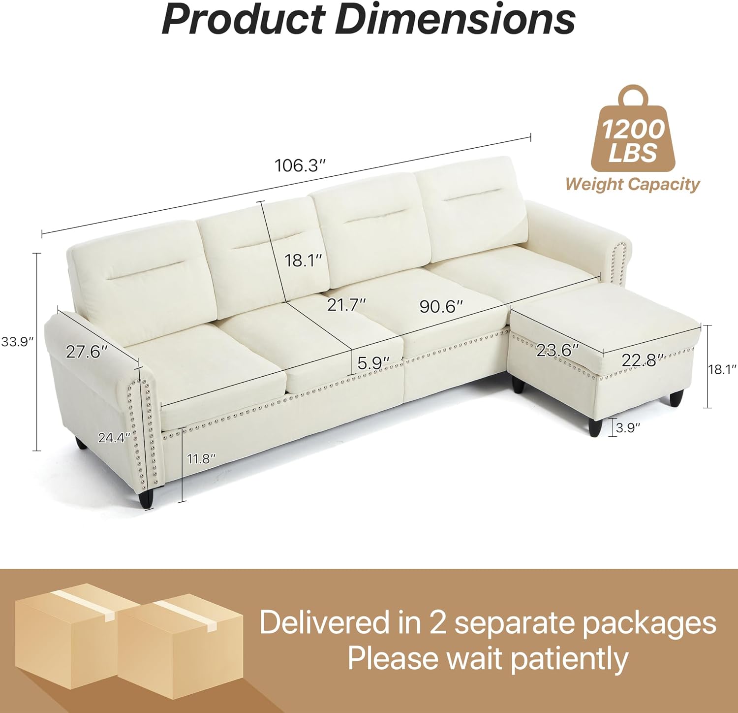 Westice 106 Modular Sectional Sofa with Movable Ottoman, Deep-Seat L-Shaped Couch, 4-Seater Modern Sofa for Living Room, Bedroom, or Apartment (Beige)