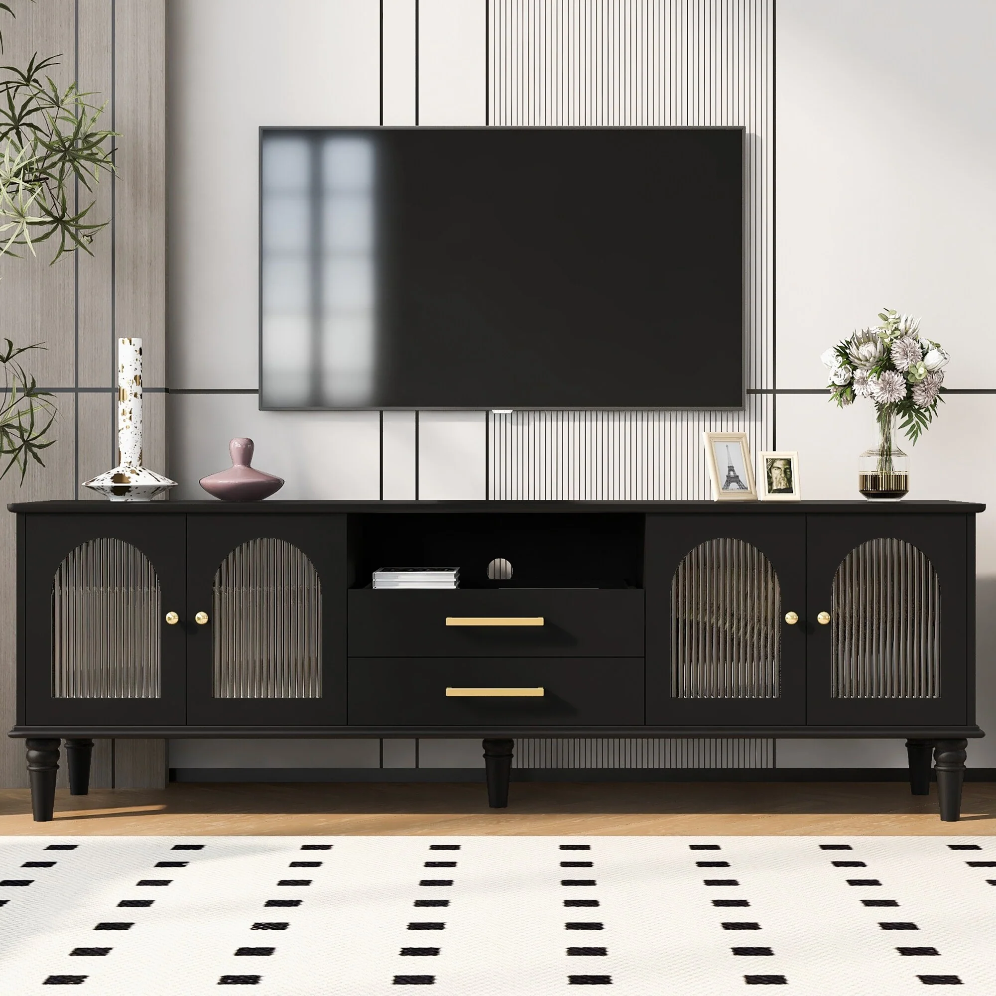 68.9 Retro TV Stand for TVs up to 75 Inches, Entertainment Center Media Console with Fluted Glass Doors
