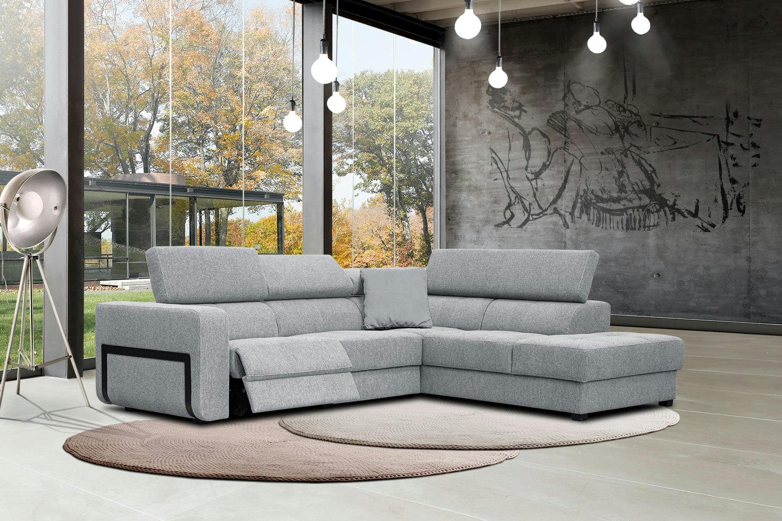 BERGO - Canapé d'angle droit 5 places avec relax électrique tissu gris clair