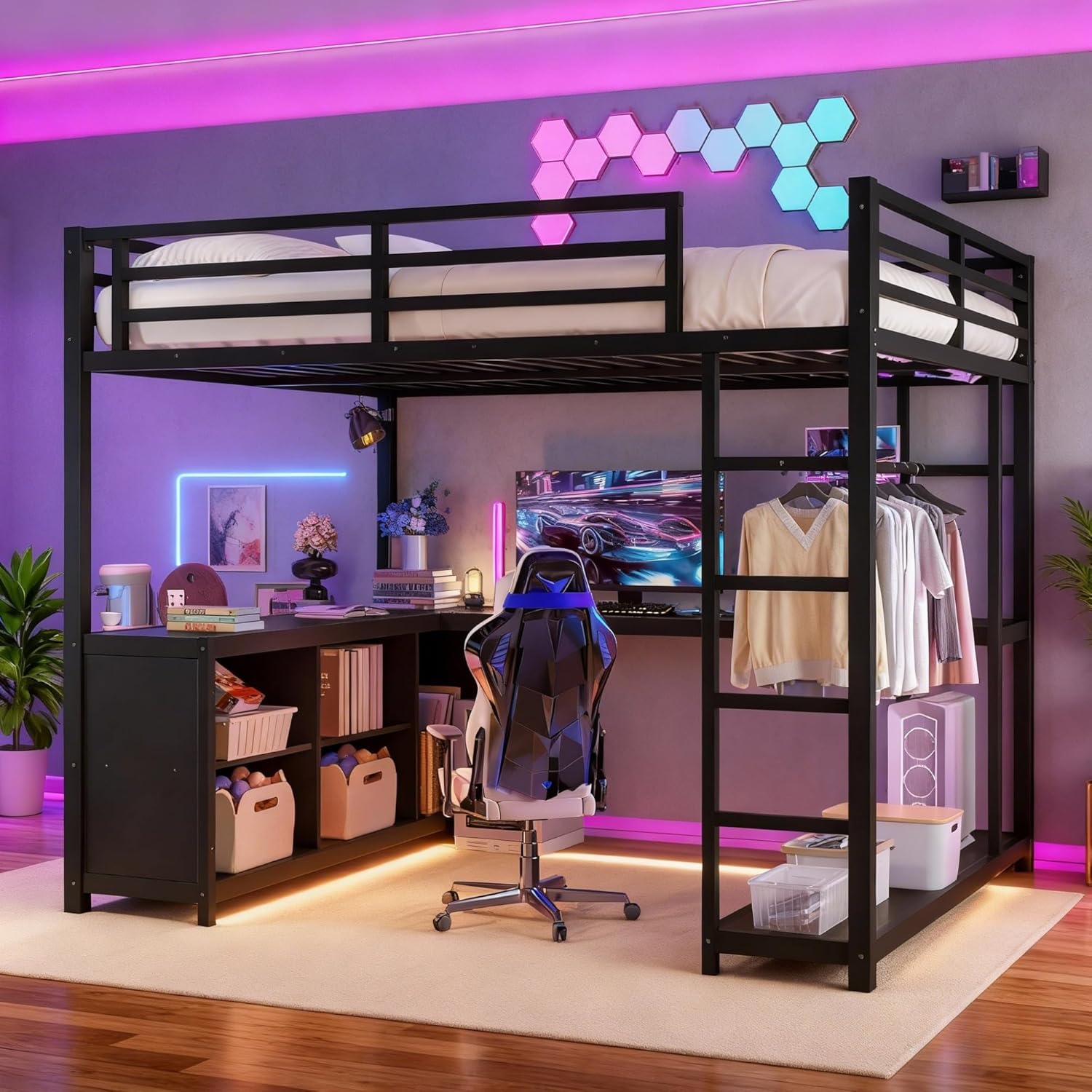 Queen Loft Bed with L-shaped Desk and Wardrobe, Metal Loftbed with Storage Cubes and Shelves, Heavy-duty Loft Bed Frame for Kids, Teens, Adults, Noise-free and No Box Spring Needed Design, Black