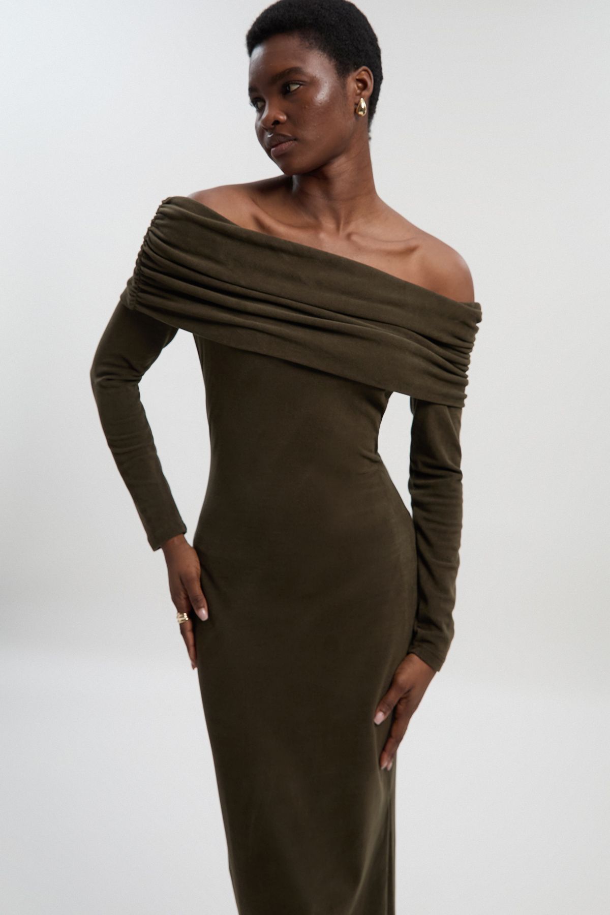 KarenMillen Petite Off The Shoulder Brushed Textured Jersey Midi Dress