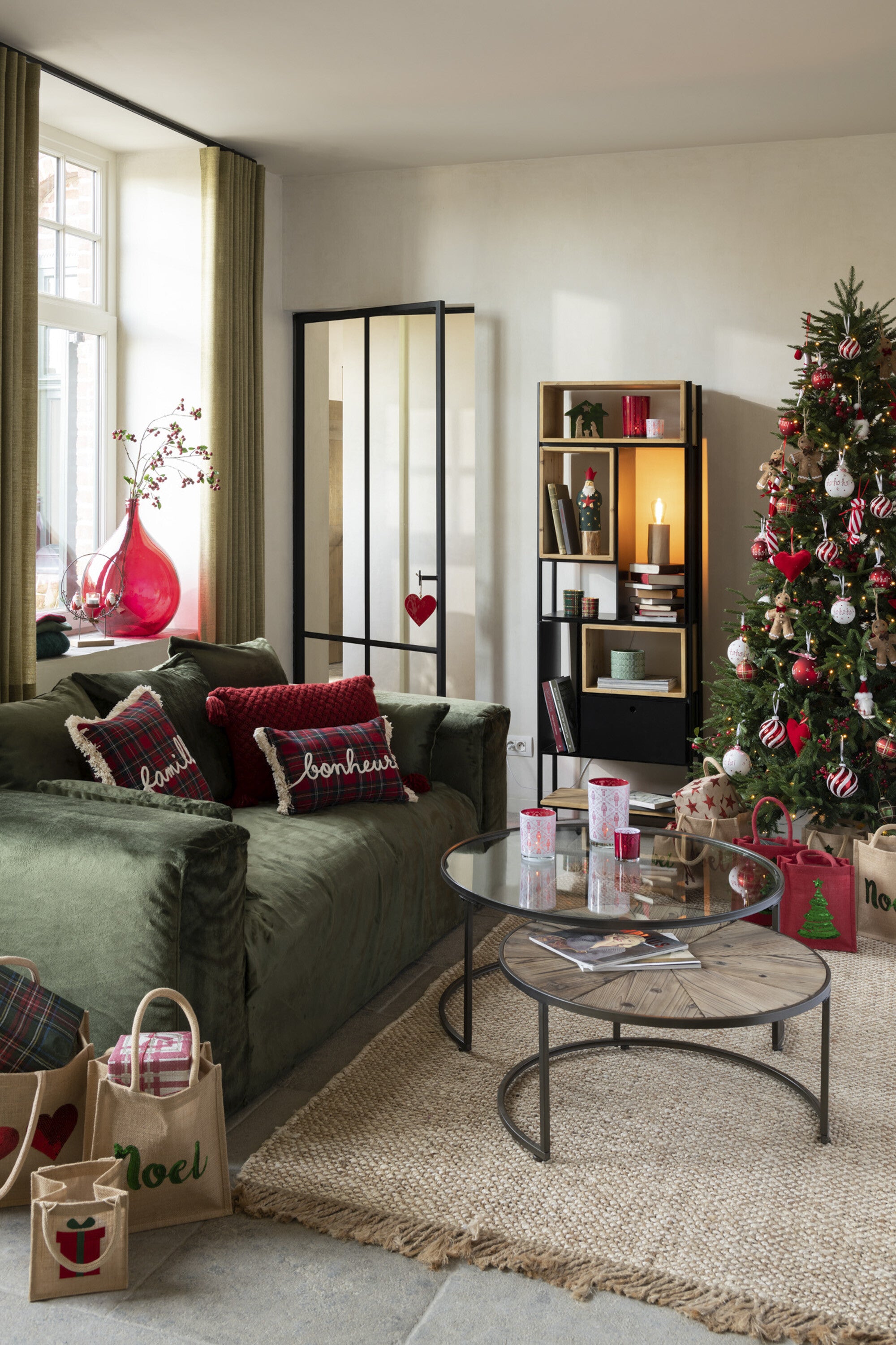 J-Line kussen Ruit Famille - polyester - rood/groen