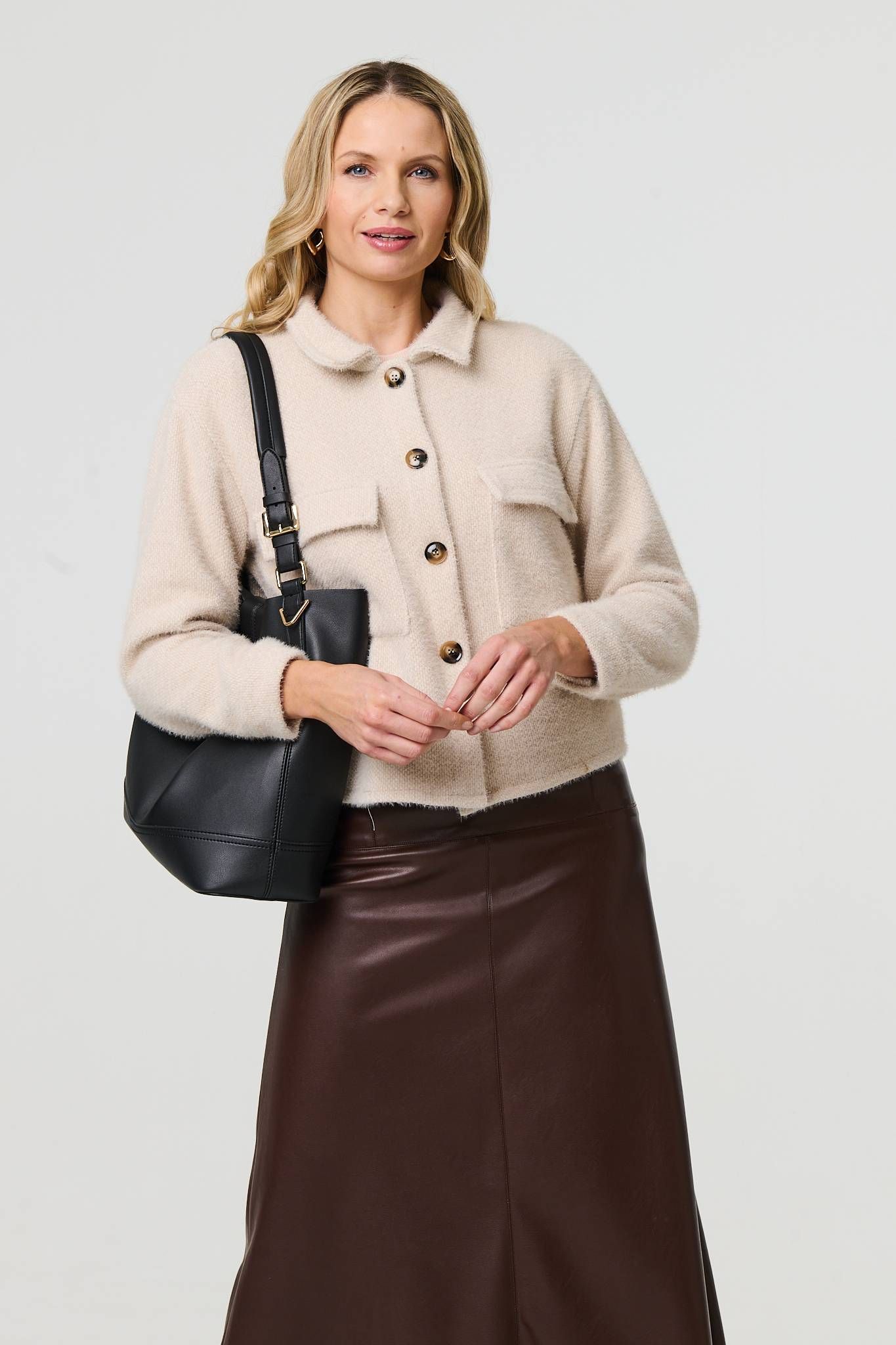 Izabel London Flannel Cropped Pocket Front Shacket