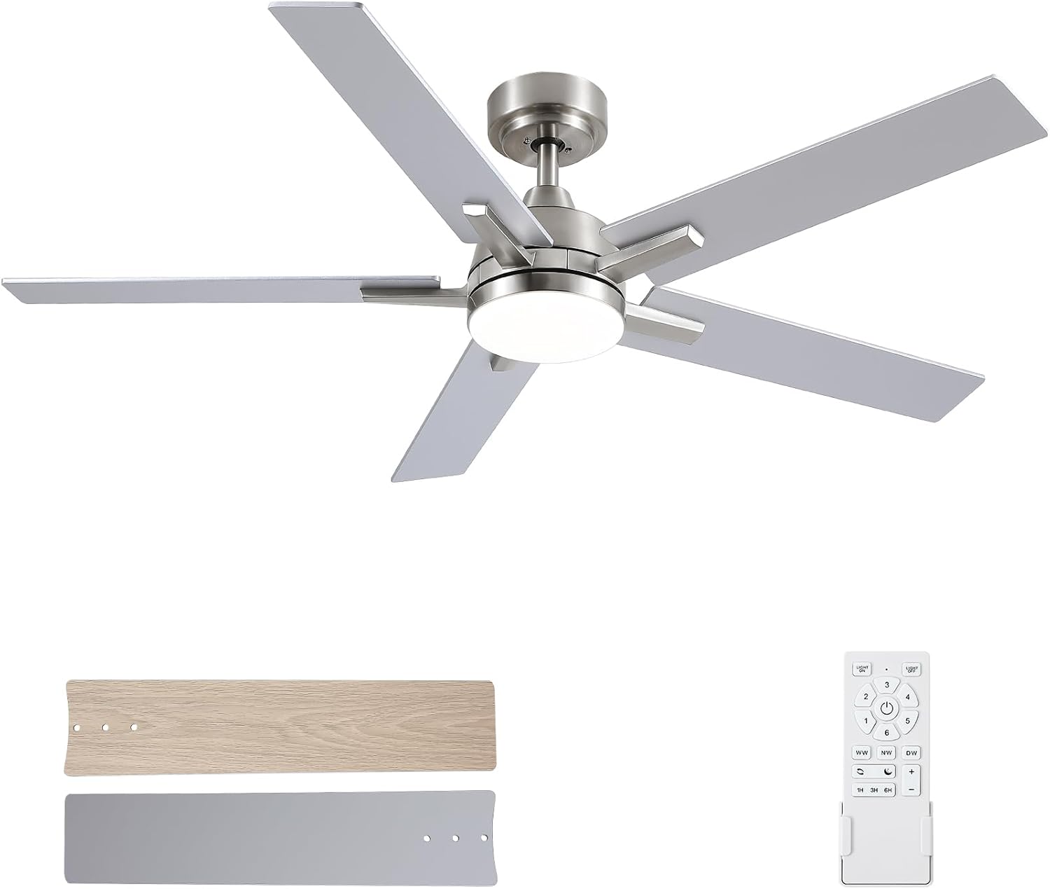 Ceiling Fans with Lights, 52 inch Brushed Nickel Ceiling Fans with Lights and Remote Control, Reversible, 3CCT, Dimmable, Noiseless, Downrod, Modern Ceiling Fan for Bedroom, Indoor/Outdoor Use