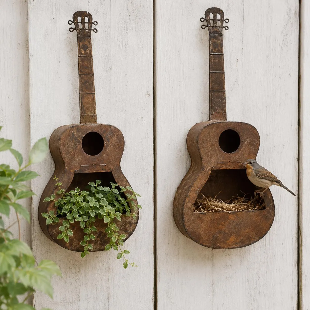 Guitar Wall Planter Birdhouse for Garden Lovers, Rustic Metal Outdoor Wall Decor, 2-in-1 Garden Accent