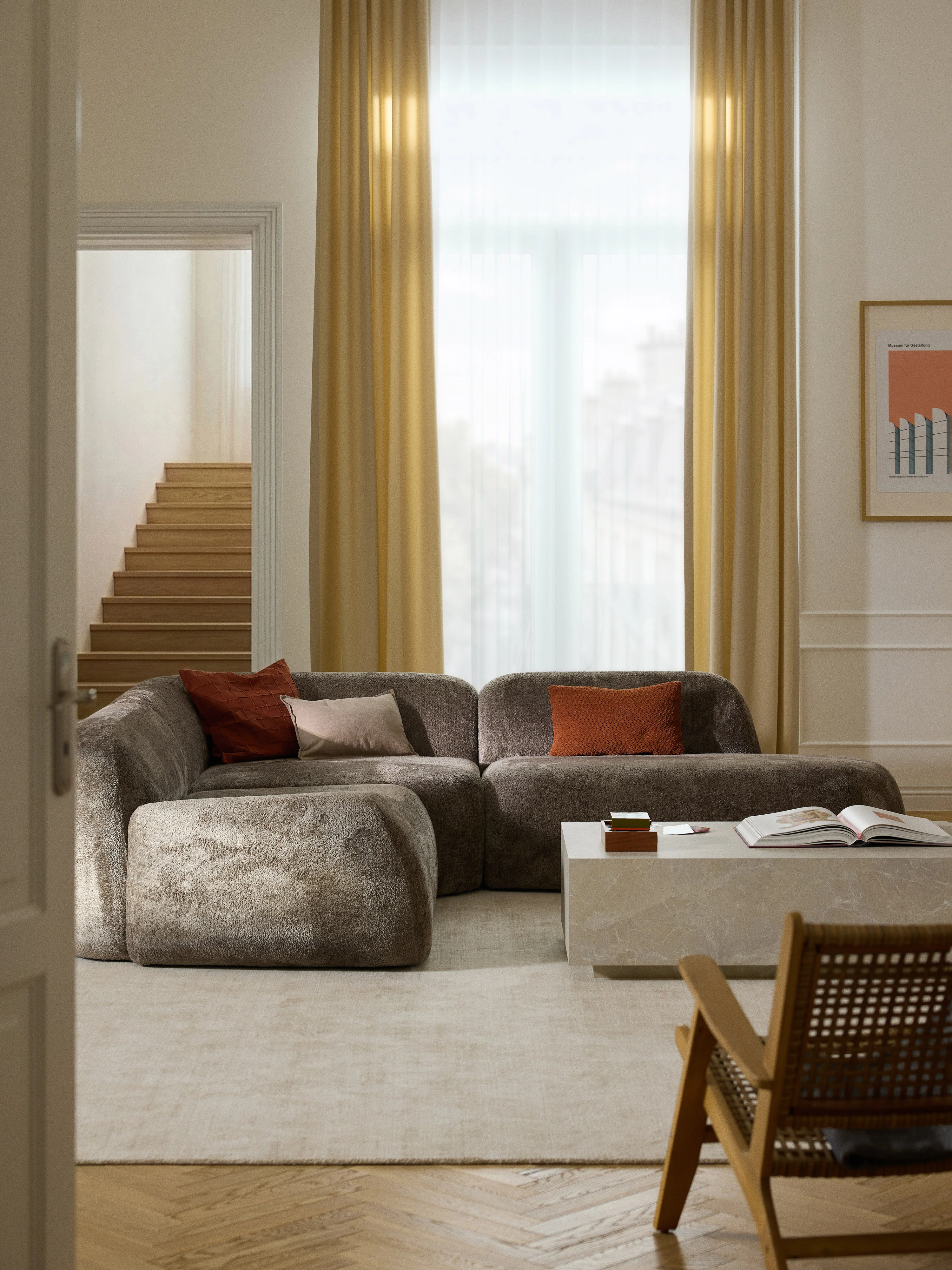 Modulares Ecksofa Wolke (4-Sitzer) aus Teddy-Bouclé mit Chaiselongue-Ende