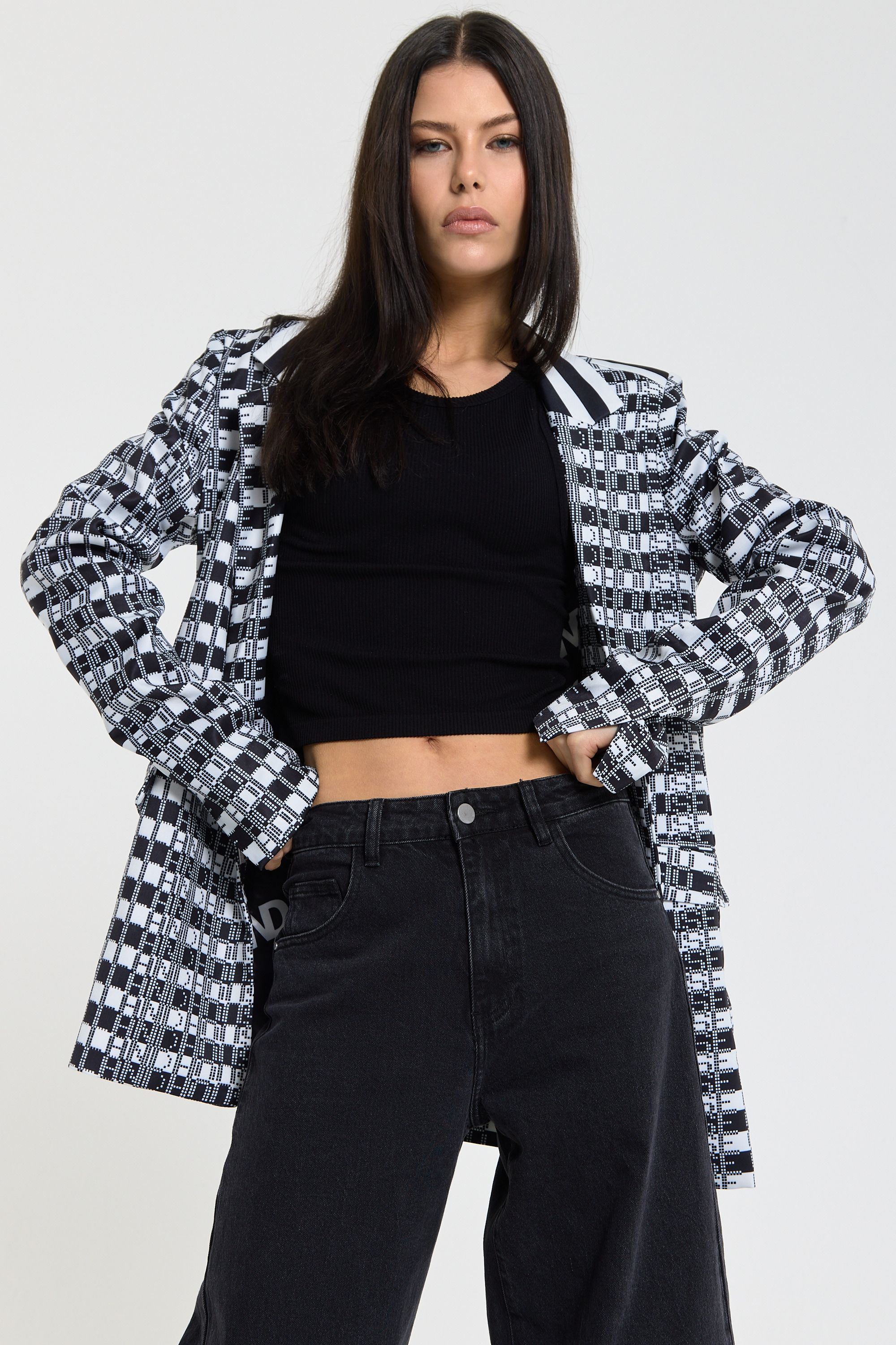 House of Holland Embroidered Eye Check Oversized Blazer Jacket