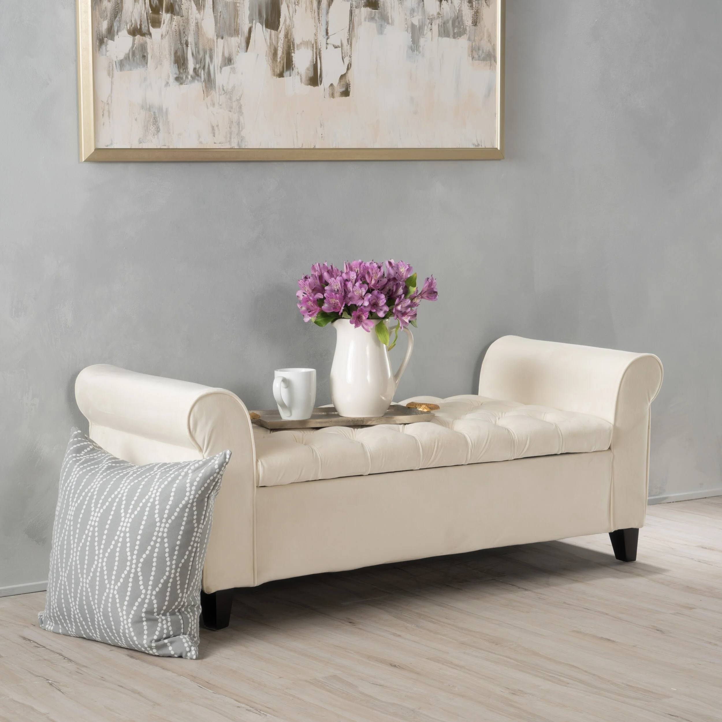 Roomfitters Upholstered Storage Bench with Tufted Design and Wooden Legs, Multi-functional End of Bed Bench