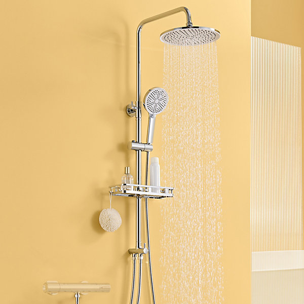 Colonne Douche avec étagère Sans Robinet en Inox Chromée- Ensemble Mural Réglable Avec Pommeau Effet Pluie Rond 25 CM