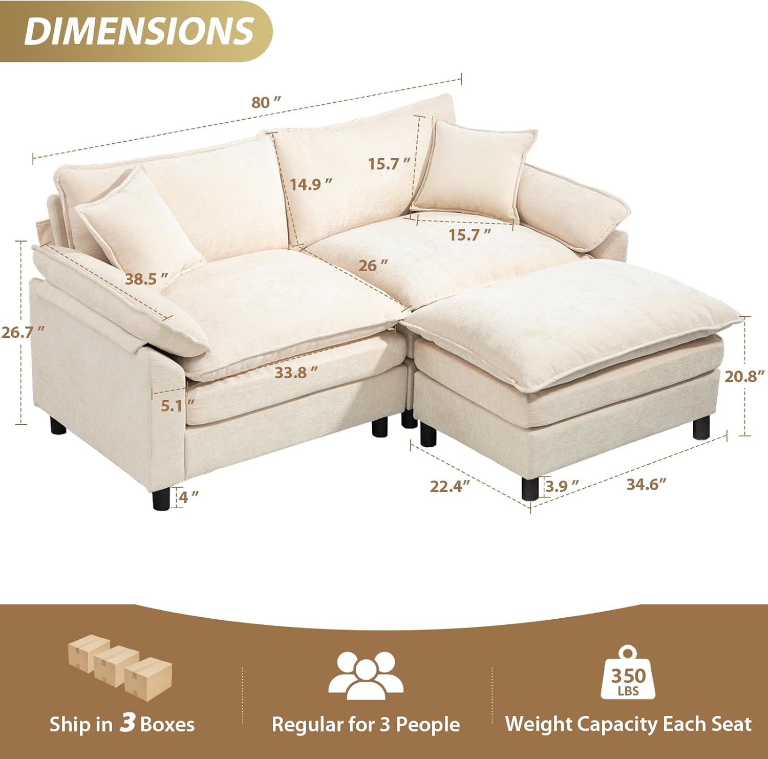 Oversized Modular Sectional Sofa, 80 Inch L Shaped Cloud Couch Set, 2-Seat Comfy Convertible Sofa with 1 Movable Ottoman, DIY Combination Sleeper Couch for Living Room(Chenille, Beige)