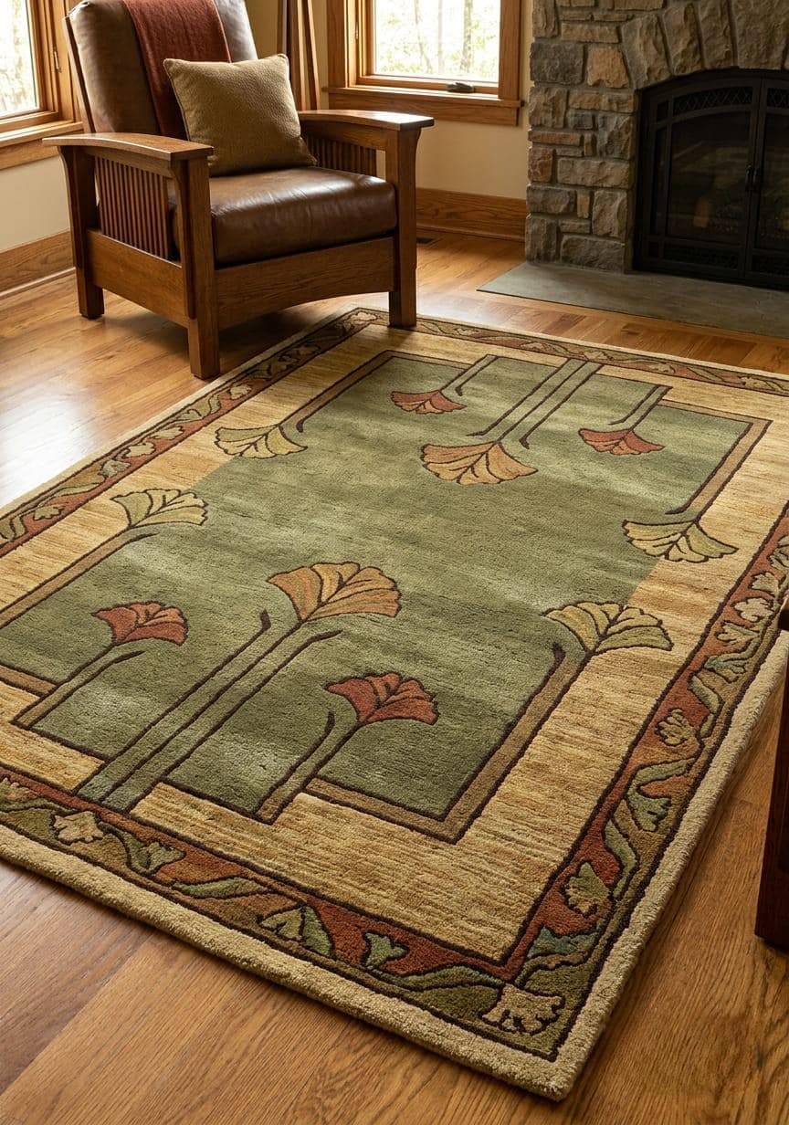 Ginkgo Leaf Tufted Wool Rug, Handmade Nature Inspired Wool Carpet, Art Nouveau Ginkgo Rug for Oriental Living Room Bedroom Floor Decor