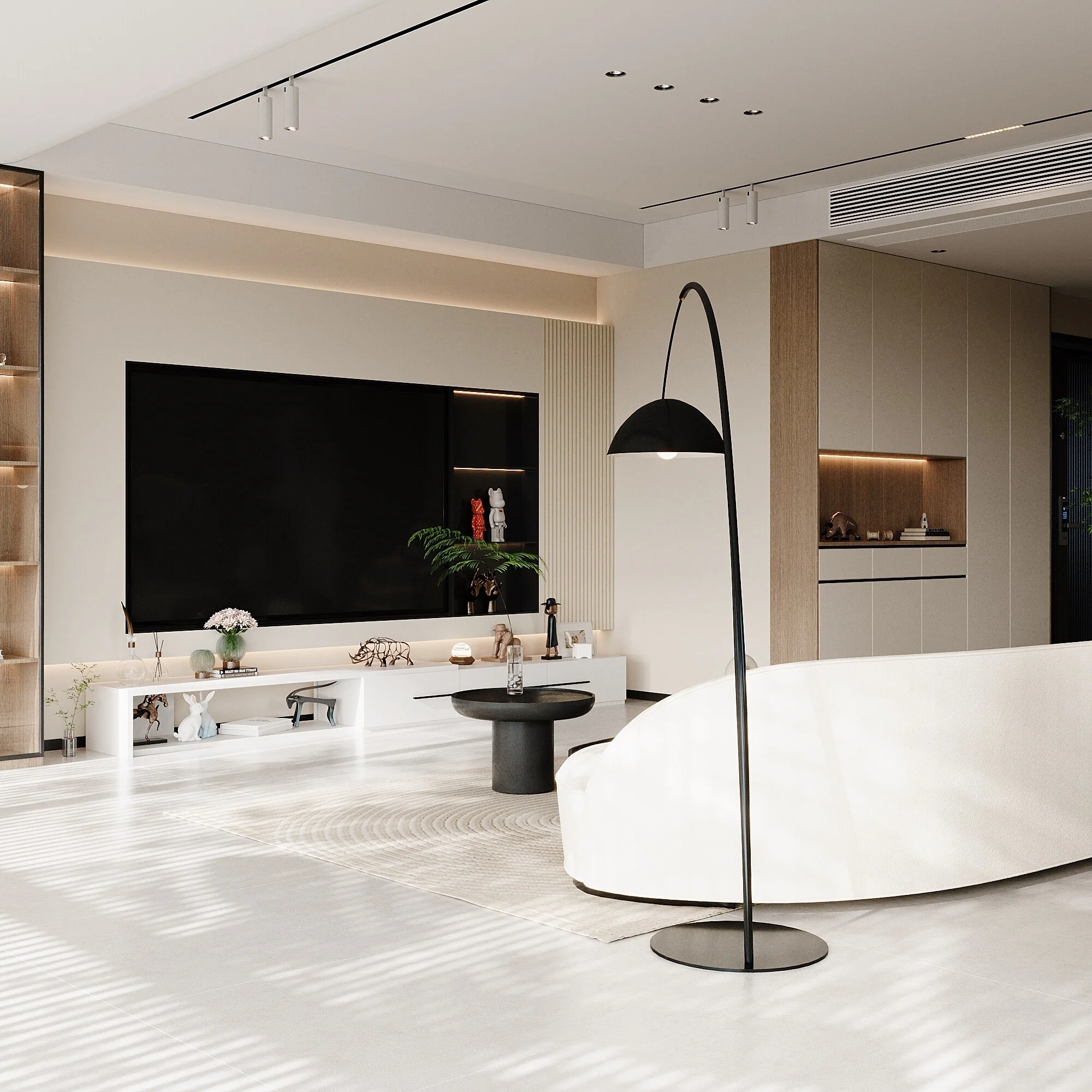 Sleek White TV Stand with Extendable Design and Ample Storage