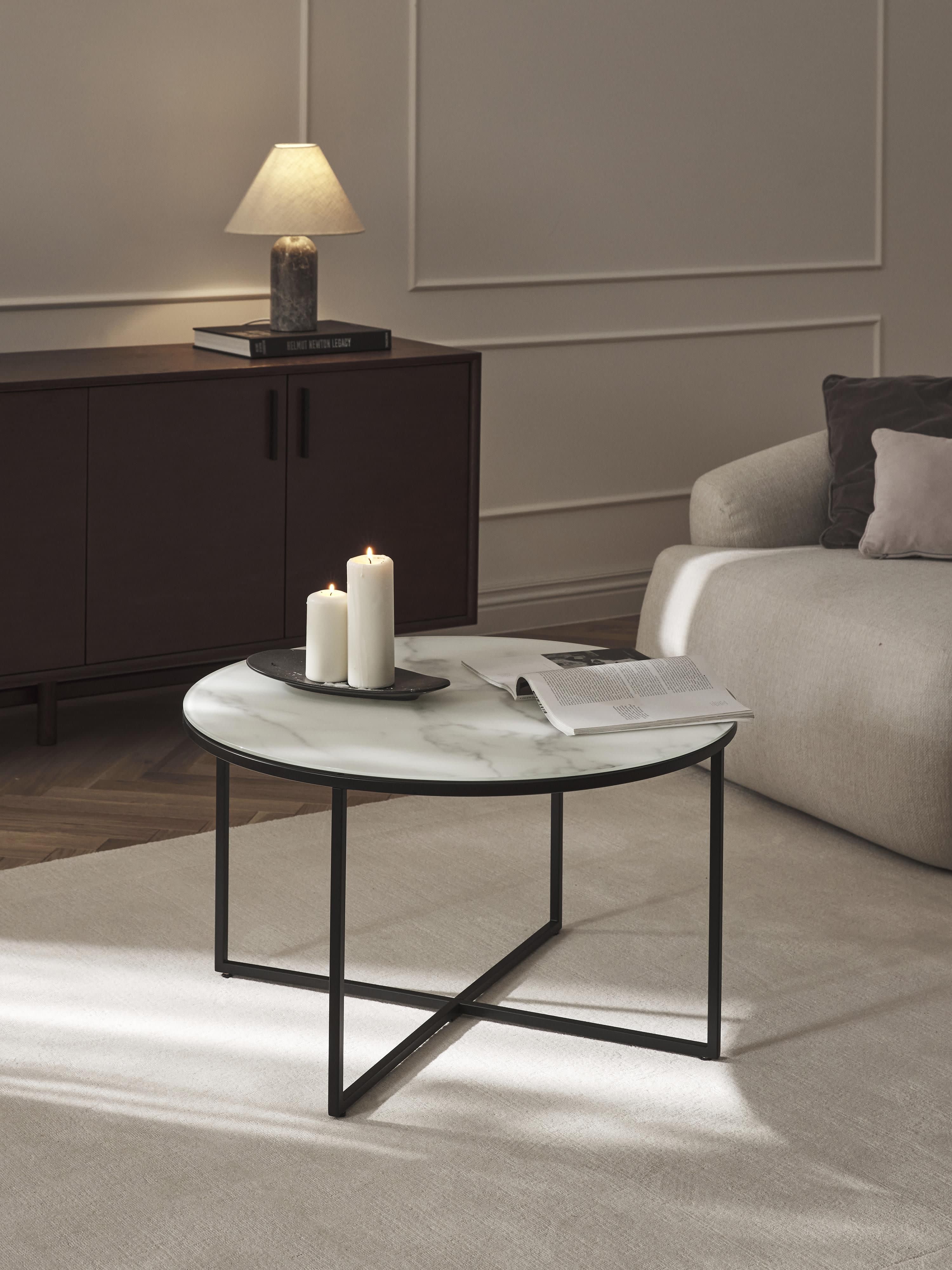 Runder Couchtisch Antigua mit Glasplatte in Marmor-Optik