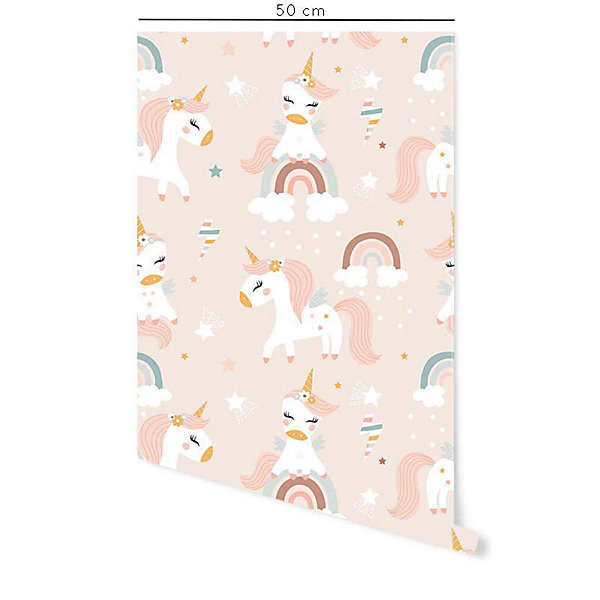 Papier peint adhésif licornes rose en vinyle lavable et amovible - 1 rouleau 50x300 cm - Decochic