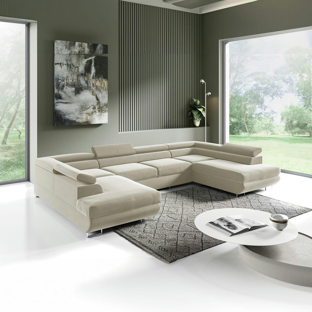 - Canapé en u 5 places convertible beige