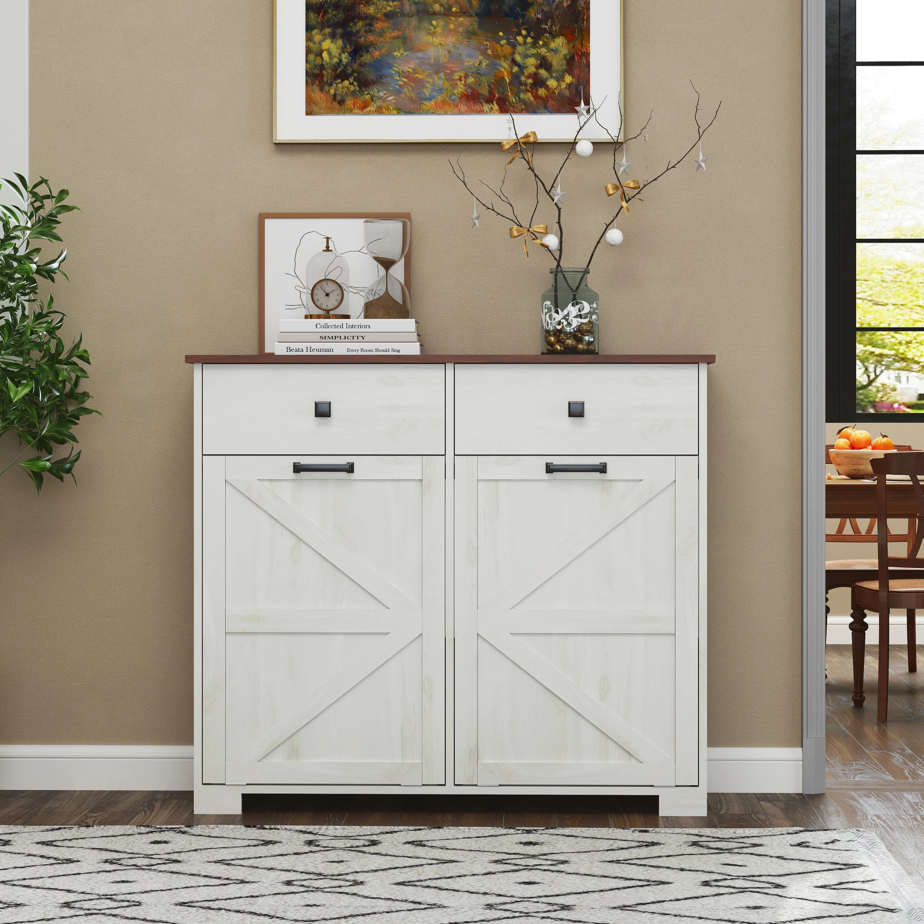 Farmhouse Double Tilt Out Trash Cabinet for 20 Gallon Trash Cans, Free Standing Recycling Cabinet with Hideaway Drawer