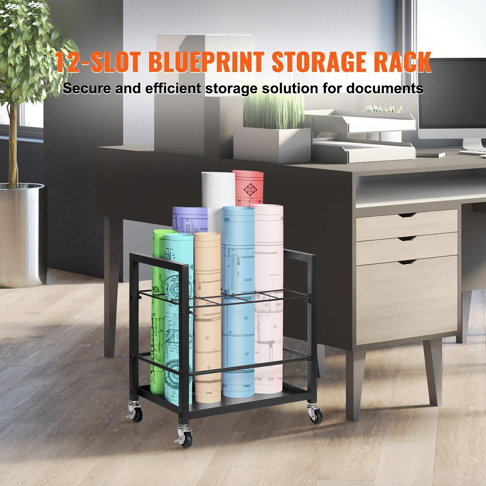 Blueprint Storage Rack, 12 Slots Blueprint Holder with Wheels, Mobile Metal Blueprint Storage Cart for Map Poster