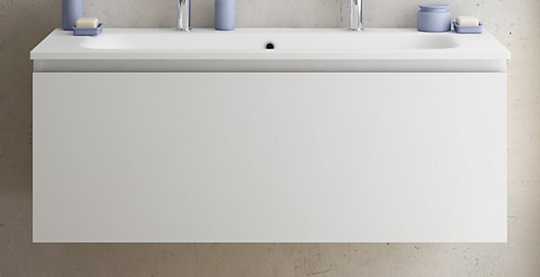 Meuble vasque suspendu blanc mat l.120 cm   plan vasque blanc mat résine pour 2 robinets, Pura