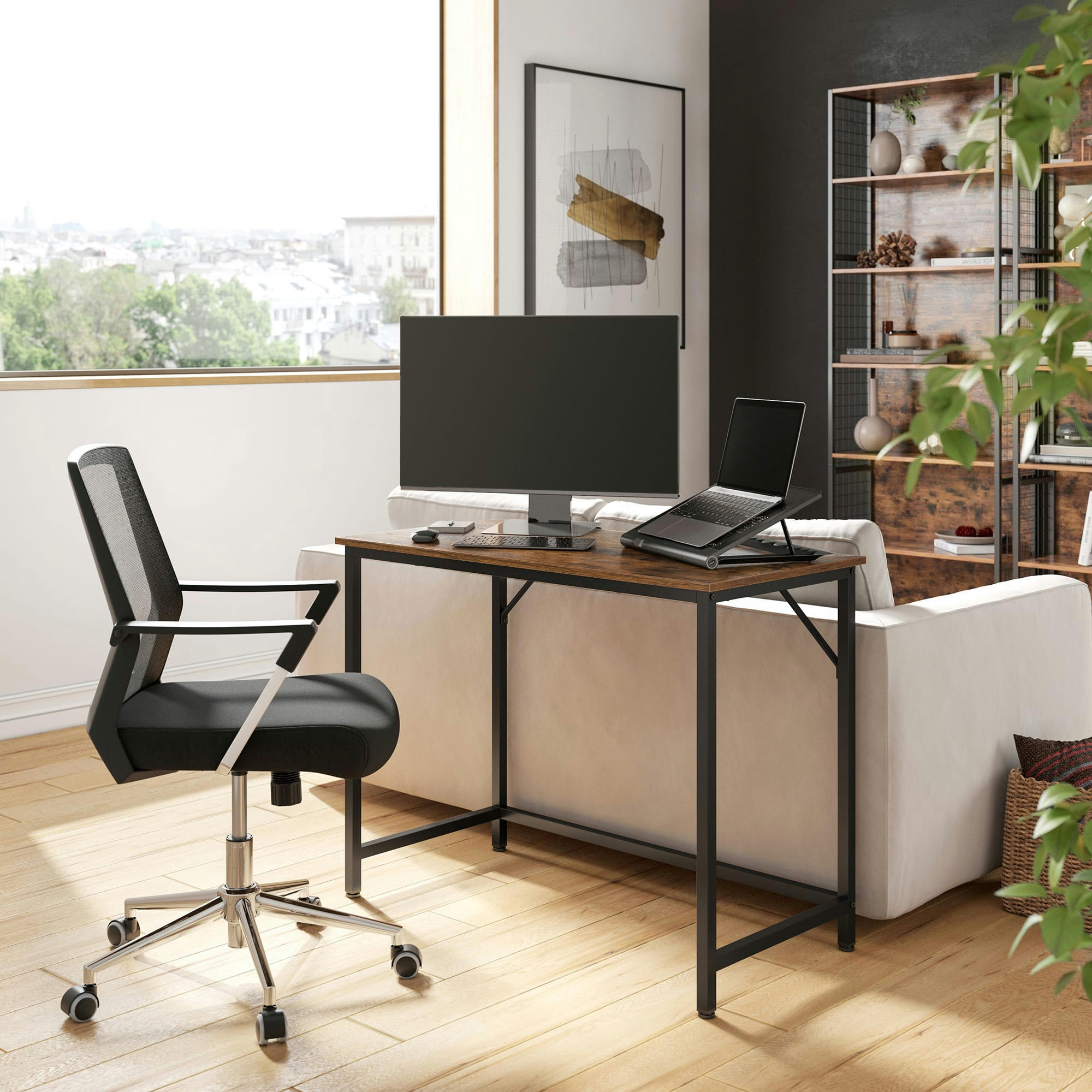 - Bureau 100 cm style industriel effet bois marron rustique