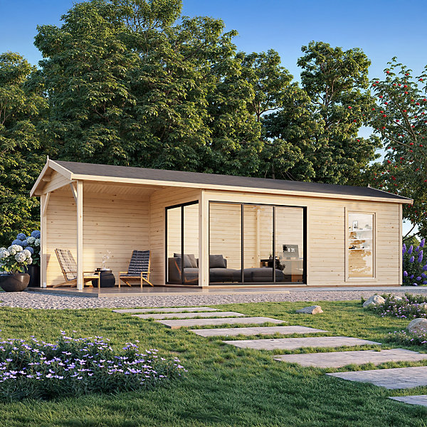 Abri de jardin Palmako Amanda bois naturel ép.44 mm avec pergola 9,9m² 32,2m²